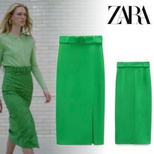 Zara Green Belted Pencil Skirt With Slit NWT